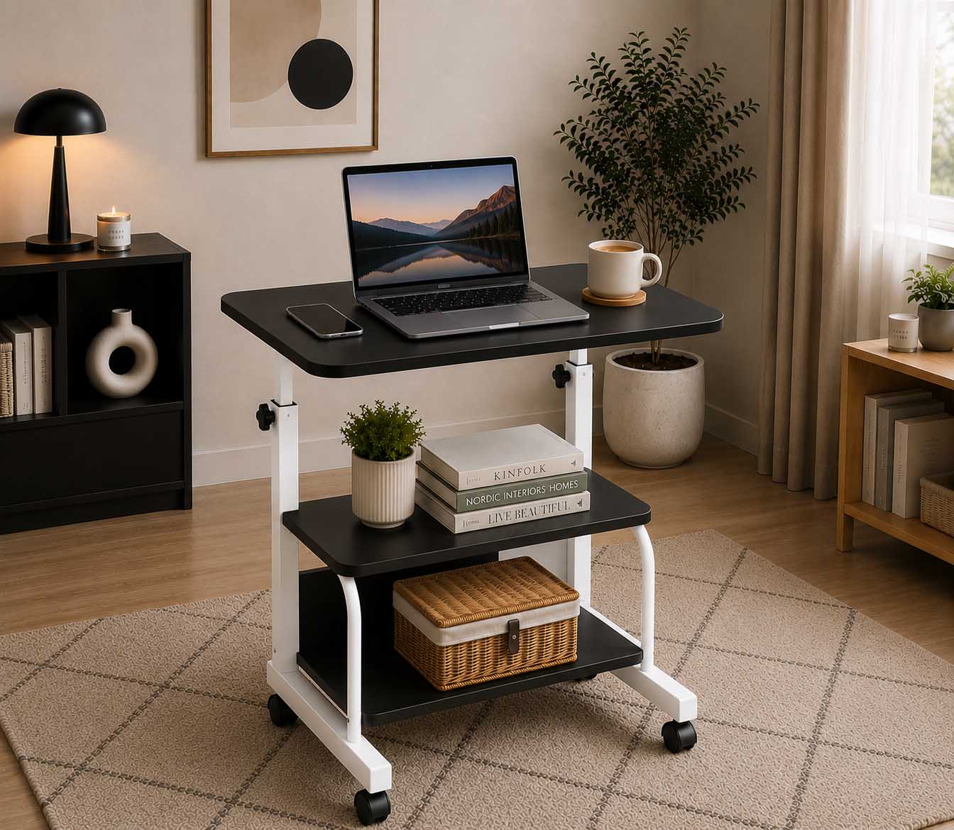 Double Layer Adjustable Table Black With White Stand